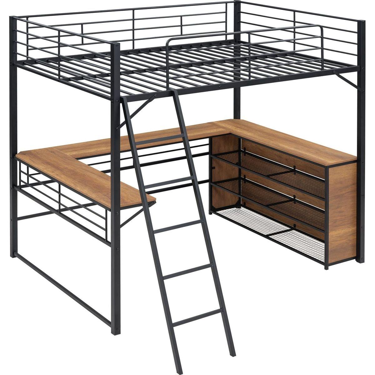 Full Size Metal Loft Bed with 3 Layers of Shelves and L-shaped Desk, Black