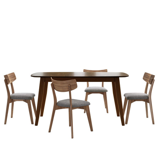5-Piece Mid-Century Dining Set with Walnut Finished Frame, Upholstered Dining Chairs ,Dark Grey & Wood Dining Table