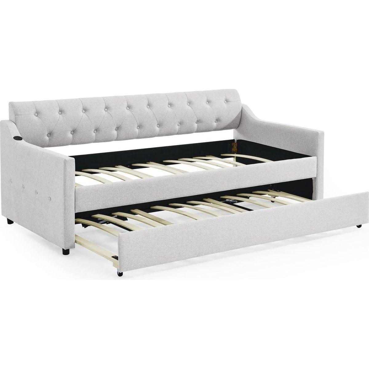 Twin Size Upholstery DayBed with Twin Size Erectable Trundle and USB Charging Design, Linen Beige