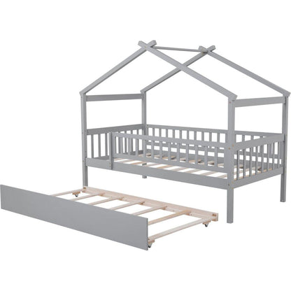 Twin Size Wooden House Bed with Twin Size Trundle, Gray