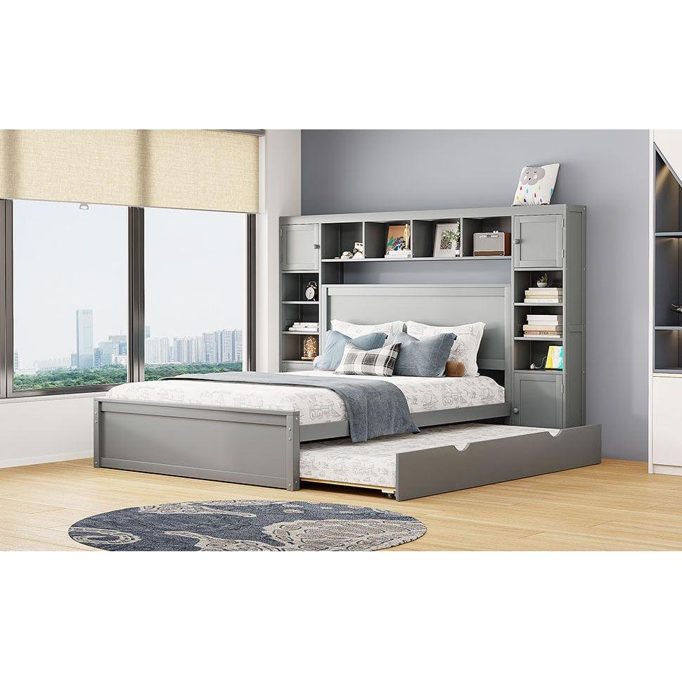 Queen Size Wooden Bed With All-in-One Cabinet, Shelf and Sockets, Gray