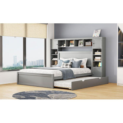 Queen Size Wooden Bed With All-in-One Cabinet, Shelf and Sockets, Gray