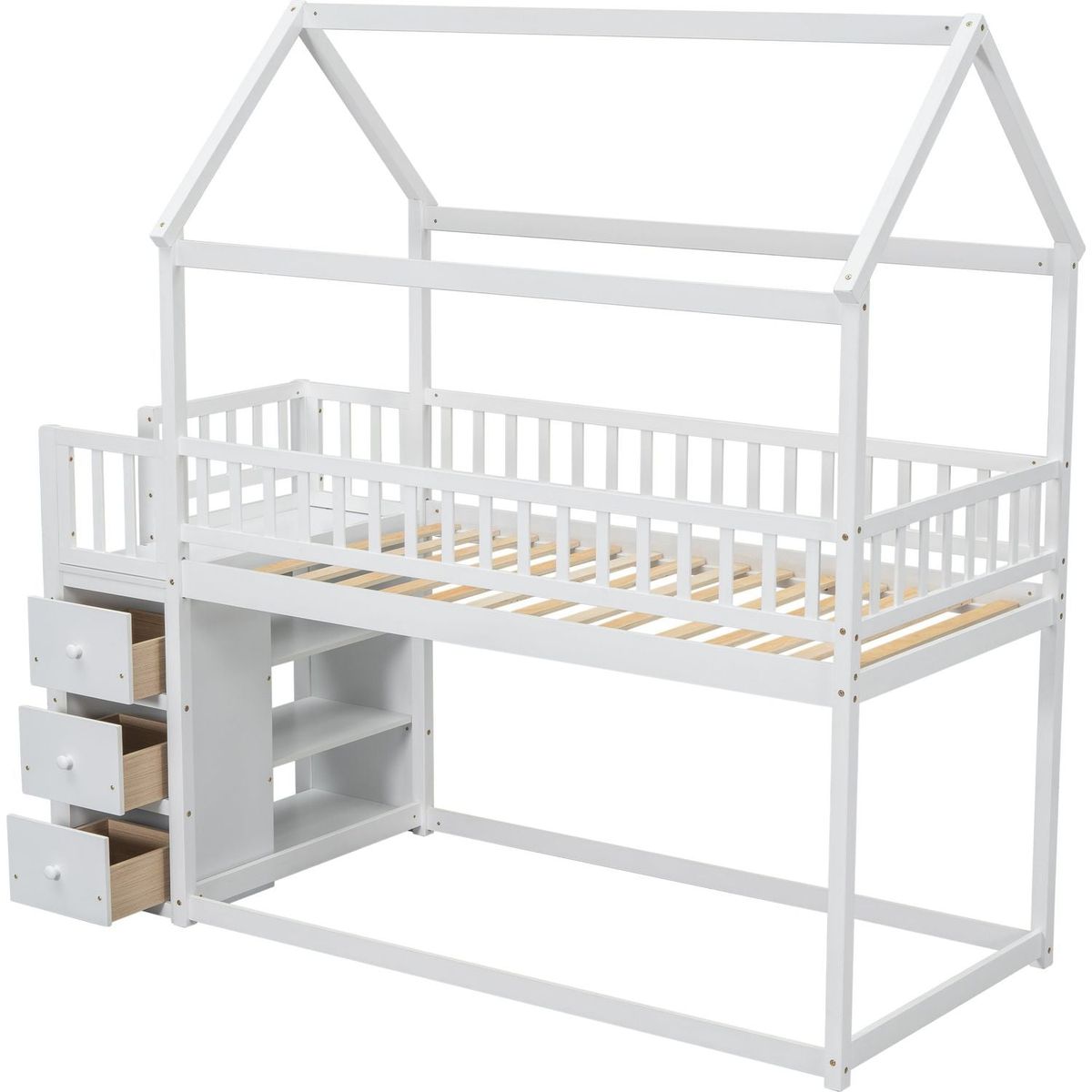 TWIN/TWIN HOUSE BUNK BED WITH SHELVES AND DRAWERS FOR WHITE COLOR