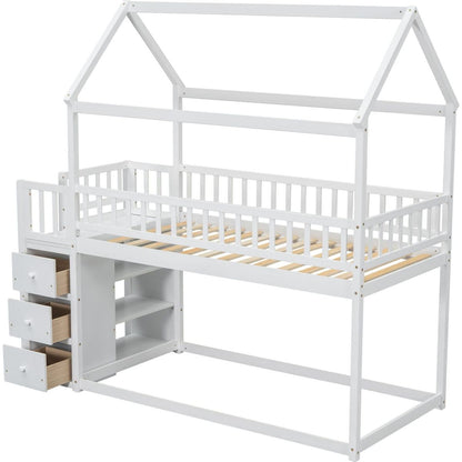 TWIN/TWIN HOUSE BUNK BED WITH SHELVES AND DRAWERS FOR WHITE COLOR