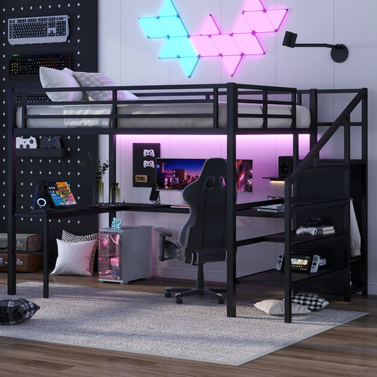 Queen Size Loft Bed with L-shaped Desk and USB, Metal Loft Bed with Wardrobe and Adjustable Shelf, High Loft Bed with LED for Kids Teens Adults, Black