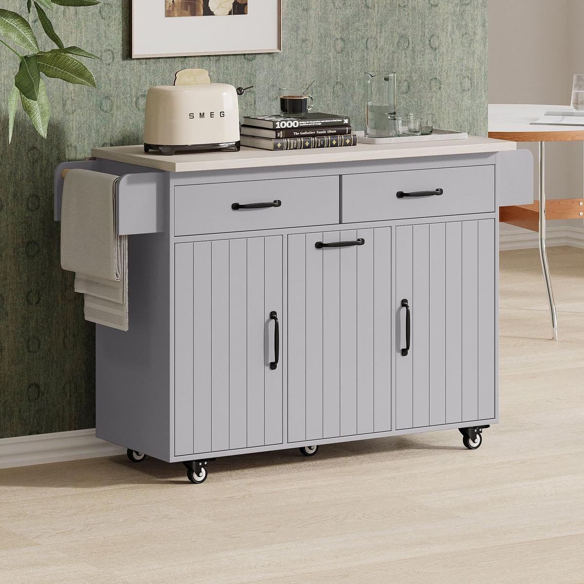 Kitchen Island with Trash Can Storage Cabinet, Kitchen Cart with Drop Leaf, Spice Rack, Towel Rack and Drawer, Rolling Kitchen Island on Wheels with Adjustable Shelf, Grey
