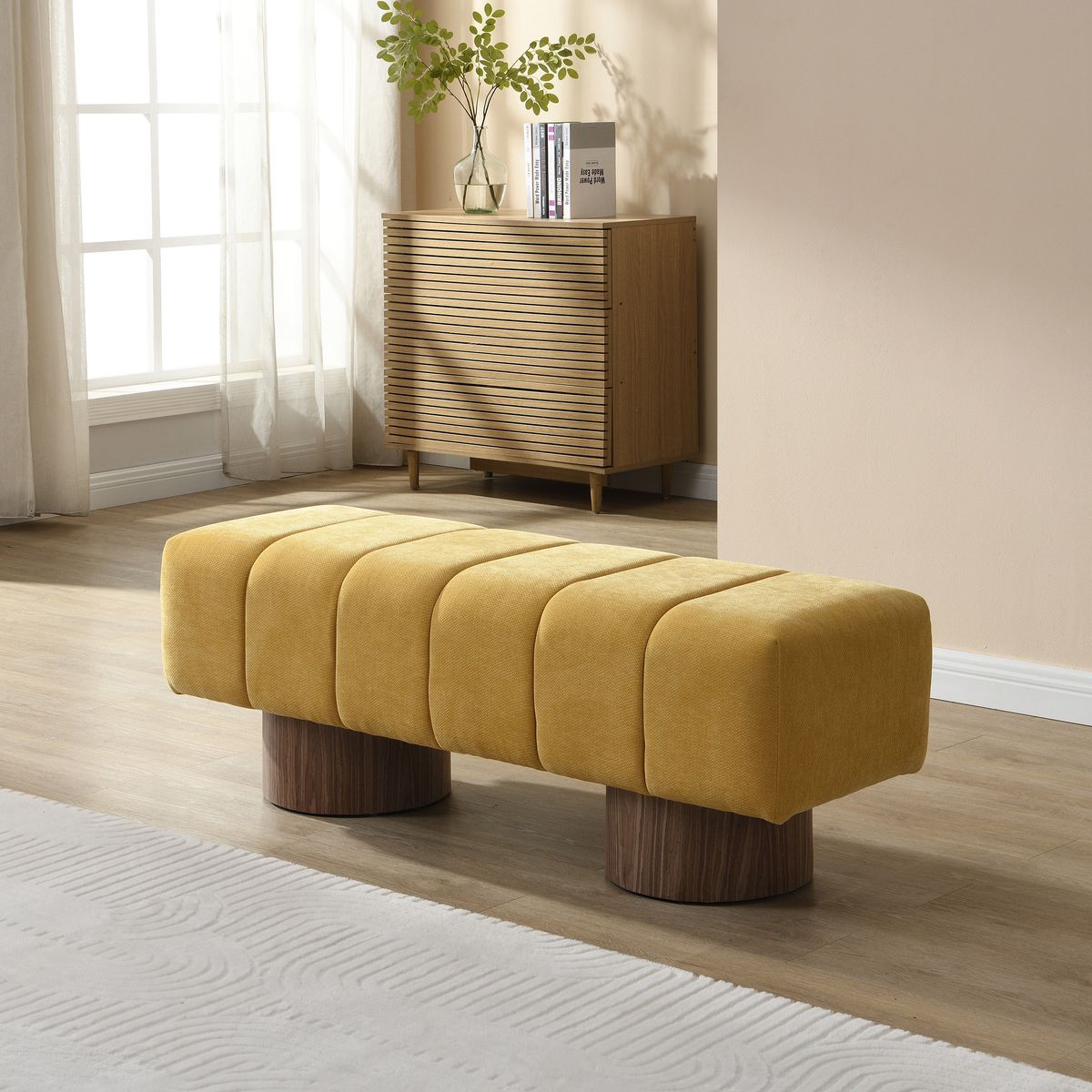 Upholstered Dining Bench, No-Assembly Entryway Bench Ottoman, Yellow Chenille Fabric, 50' Length