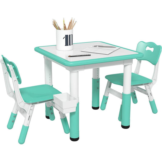 Qaba 3 Pieces Kids Table and Chairs, Height Adjustable Toddler Table and Chair Set with Storage, Easy to Wipe, Activity Table 2 Chairs for Classroom, for Daycare Classroom, 18 Months-5 Years, Green