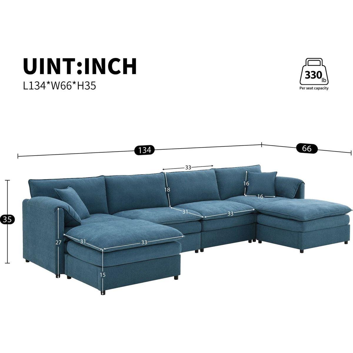 134x66" Chenille Modular Sectional Sofa,U Shaped Cloud Couch Set with Double Cushions, 6 Seat Sleeper Sofa Bed with Ottomans,Oversized Indoor Furniture for Living Room, 3 Colors