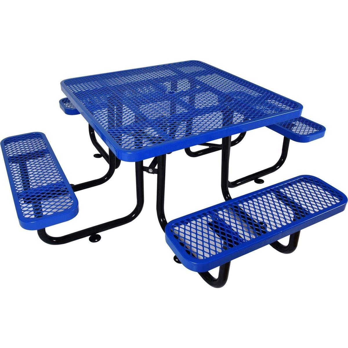 Square Outdoor Steel Picnic Table 46" blue, with umbrella pole