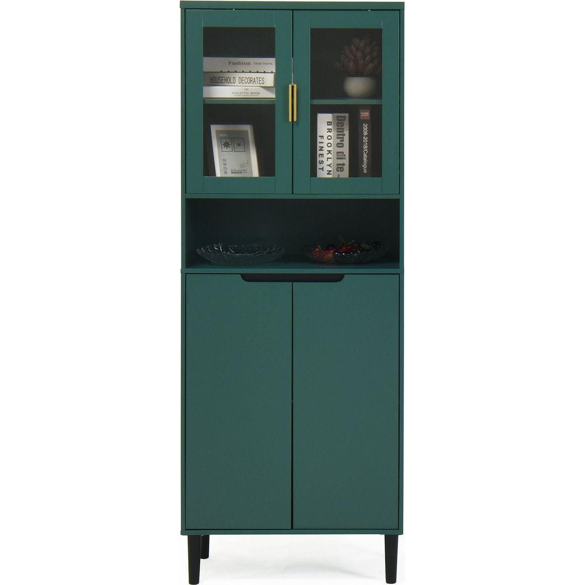Tall Storage Show Cabinet with 2 Glass Display Door & 2 Doors, Tall Kitchen Pantry Cabinet with Gold Handles, Modern Cabinet Freestanding for Bathroom, Dining Living Room, Green