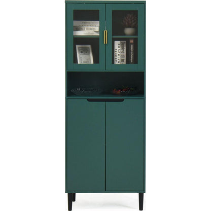 Tall Storage Show Cabinet with 2 Glass Display Door & 2 Doors, Tall Kitchen Pantry Cabinet with Gold Handles, Modern Cabinet Freestanding for Bathroom, Dining Living Room, Green