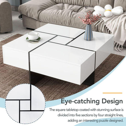Unique Design Coffee Table with 4 Hidden Storage Compartments, Square Cocktail Table with Extendable Sliding Tabletop, UV High-gloss Design Center Table for Living Room, 31.5"x 31.5"