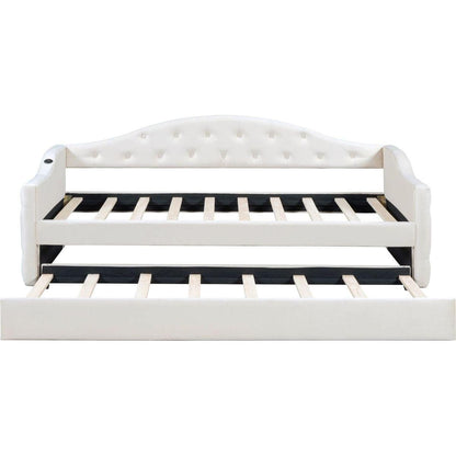 Twin Size Tufted Upholstered Daybed with Trundle, Velvet Sofabed with USB&Type-C Charging Ports,No Box-spring Needed, Beige