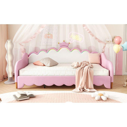 Twin Extending Daybed with LED Lights, Modern Upholstered Princess Daybed With Crown Headboard,Pink