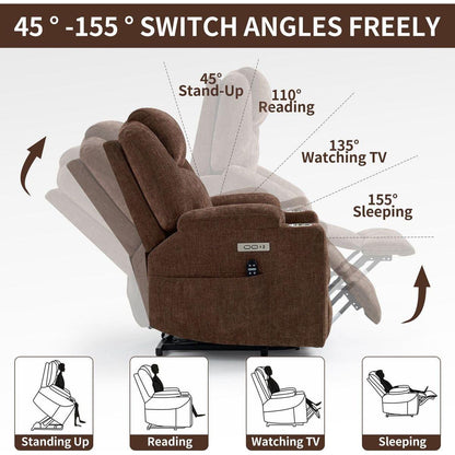 Okin motor Up to 350 LBS Chenille Power Lift Recliner Chair, Heavy Duty Motion Mechanism with 8-Point Vibration Massage and Lumbar Heating, USB and Type-C Ports, Stainless Steel Cup Holders, Brown