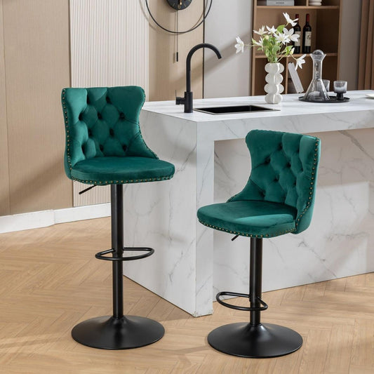 Swivel Velvet Barstools Adjusatble Seat Height from 25-33 Inch,17.7inch base, Modern Upholstered Bar Stools with Backs Comfortable Tufted for Home Pub and Kitchen Island,Green,Set of 2