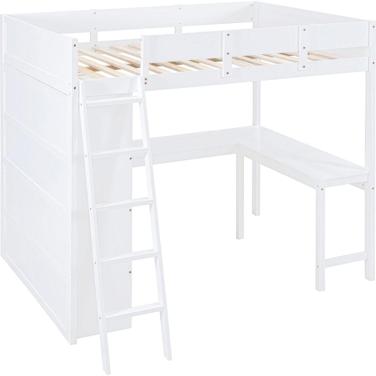 Full Size Loft Bed with Desk and Shelf - White