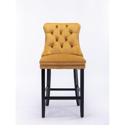 Contemporary Velvet Upholstered Barstools with Button Tufted Decoration and Wooden Legs, and Chrome Nailhead Trim, Leisure Style Bar Chairs,Bar stools, Set of 2 (Golden)