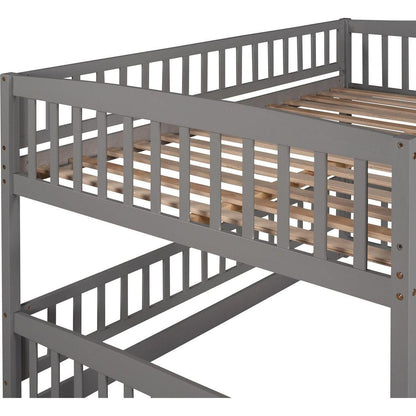 Bunk Bed with Slide,Full Over Full Low Bunk Bed with Fence and Ladder for Toddler Kids Teens Gray