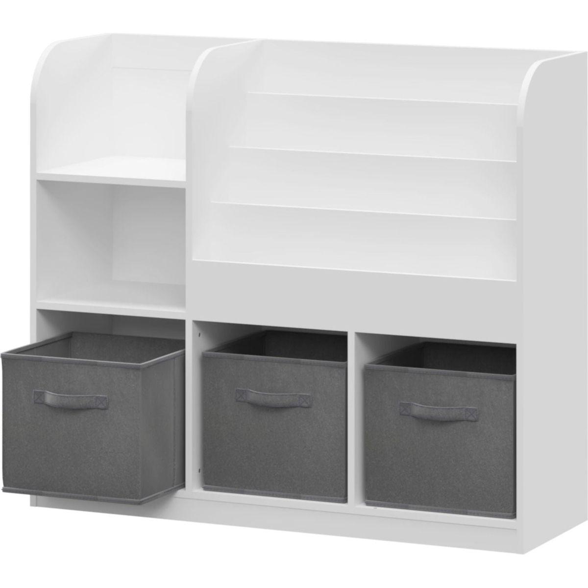 Kids Bookcase and Bookshelf, Multifunctional Bookcase with 3 Collapsible Fabric Drawers, Bookcase Display Stand, Toy Storage Organizer for Bedroom, Playroom, Hallway (White/Gray)