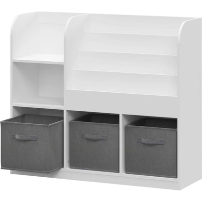 Kids Bookcase and Bookshelf, Multifunctional Bookcase with 3 Collapsible Fabric Drawers, Bookcase Display Stand, Toy Storage Organizer for Bedroom, Playroom, Hallway (White/Gray)