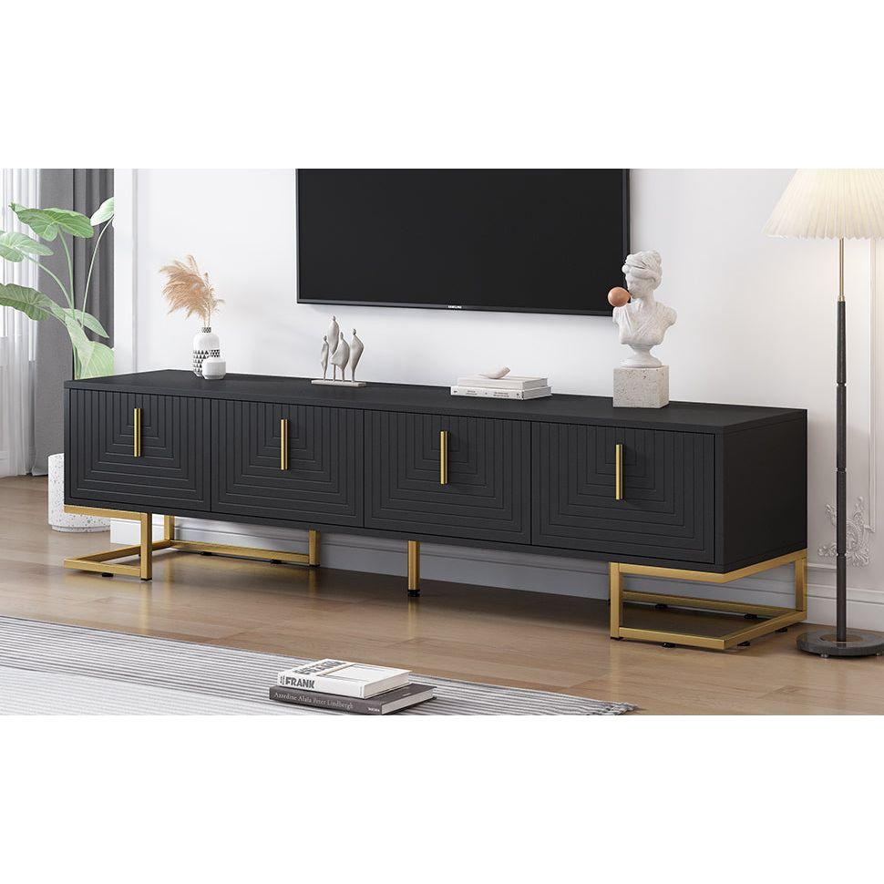 Modern TV Stand with Metal Legs and Gold Handles for TVs Up to 80", Media Console Table with Cabinets and Adjustable Shelves, Luxury TV Cabinet with Geometric Lines for Living Room, Black