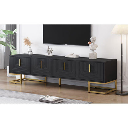 Modern TV Stand with Metal Legs and Gold Handles for TVs Up to 80", Media Console Table with Cabinets and Adjustable Shelves, Luxury TV Cabinet with Geometric Lines for Living Room, Black
