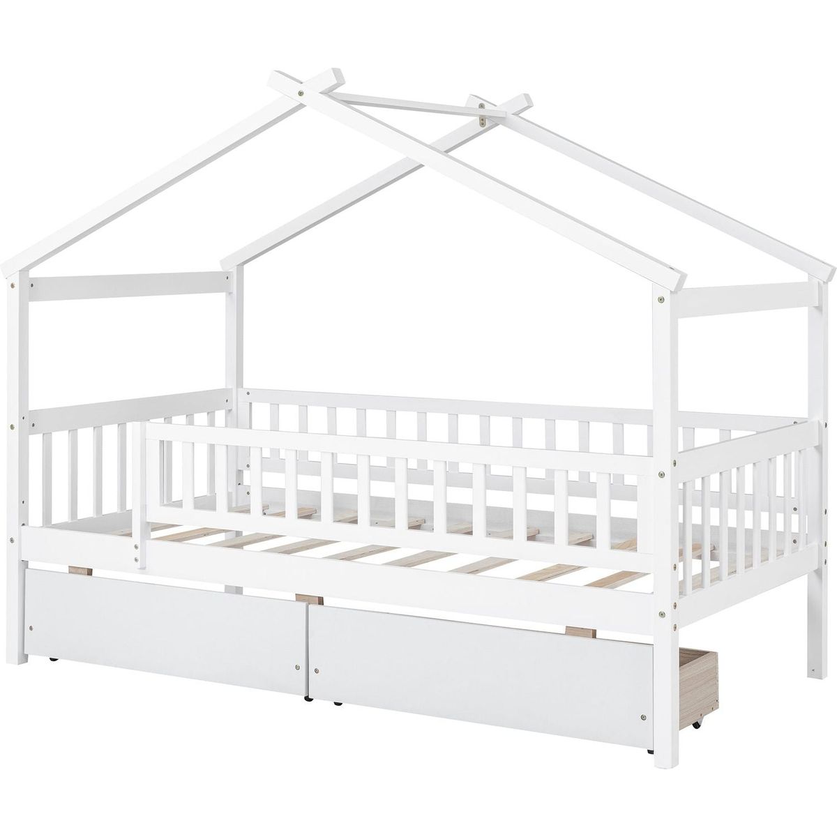 Twin Size Wooden House Bed with Two Drawers, White
