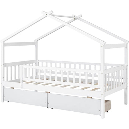 Twin Size Wooden House Bed with Two Drawers, White
