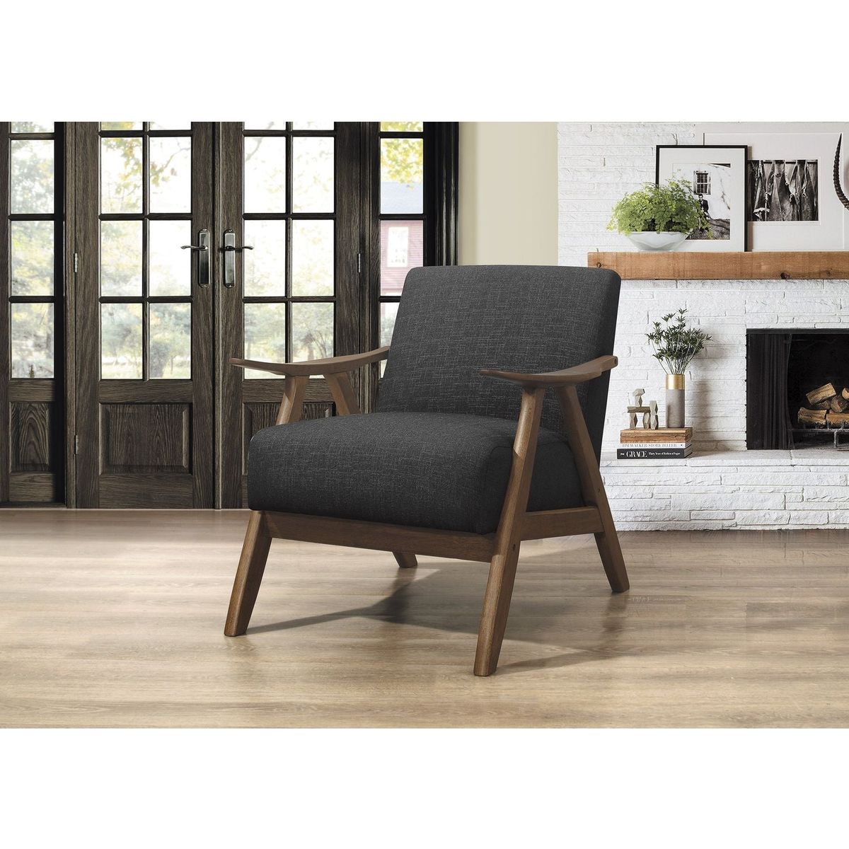 Modern Home Furniture Dark Gray Fabric Upholstered 1pc Accent Chair Cushion Back and Seat Walnut Finish Solid Rubber Wood Furniture