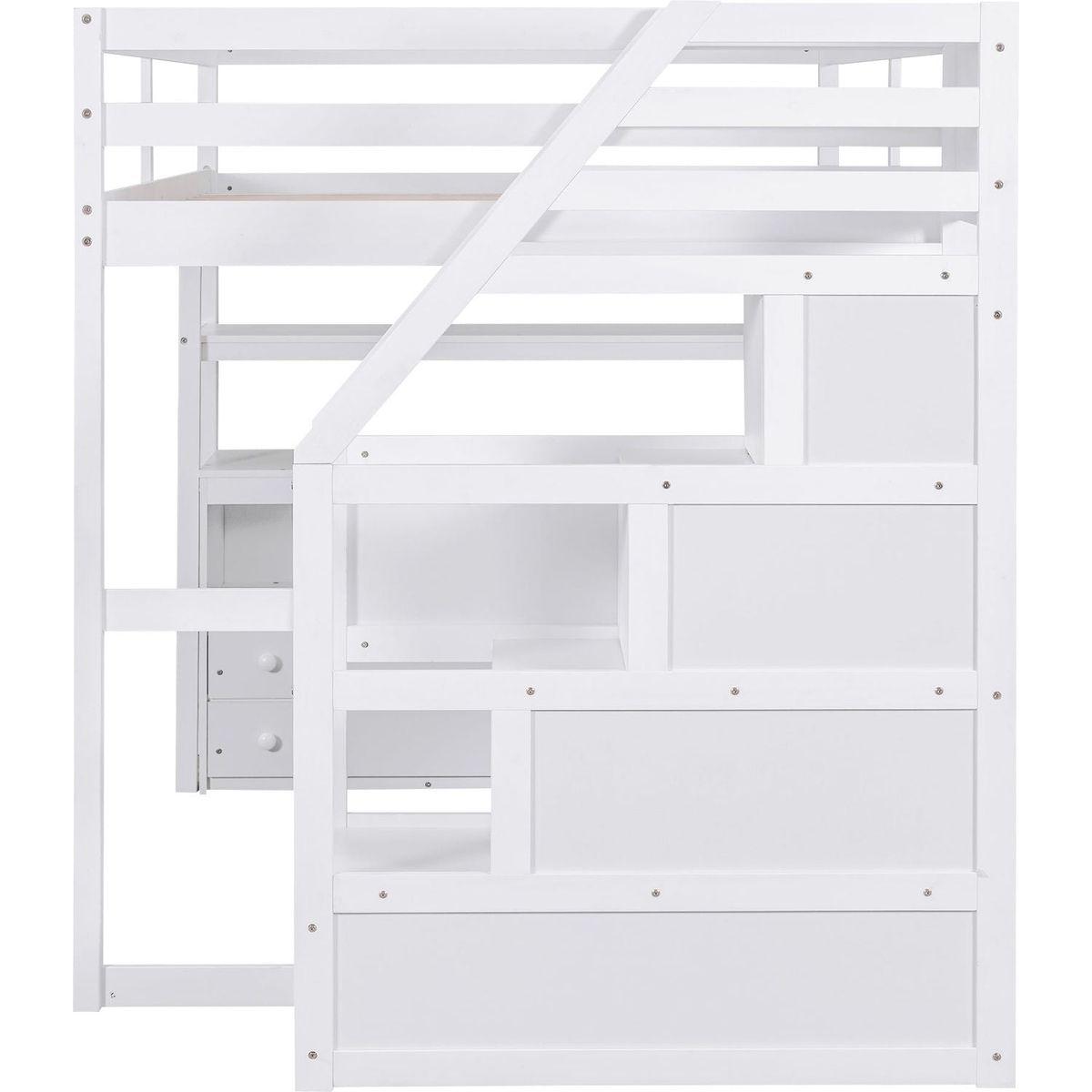 Full Size Loft Bed with Desk and Shelves, Two Built-in Drawers, Storage Staircase, White
