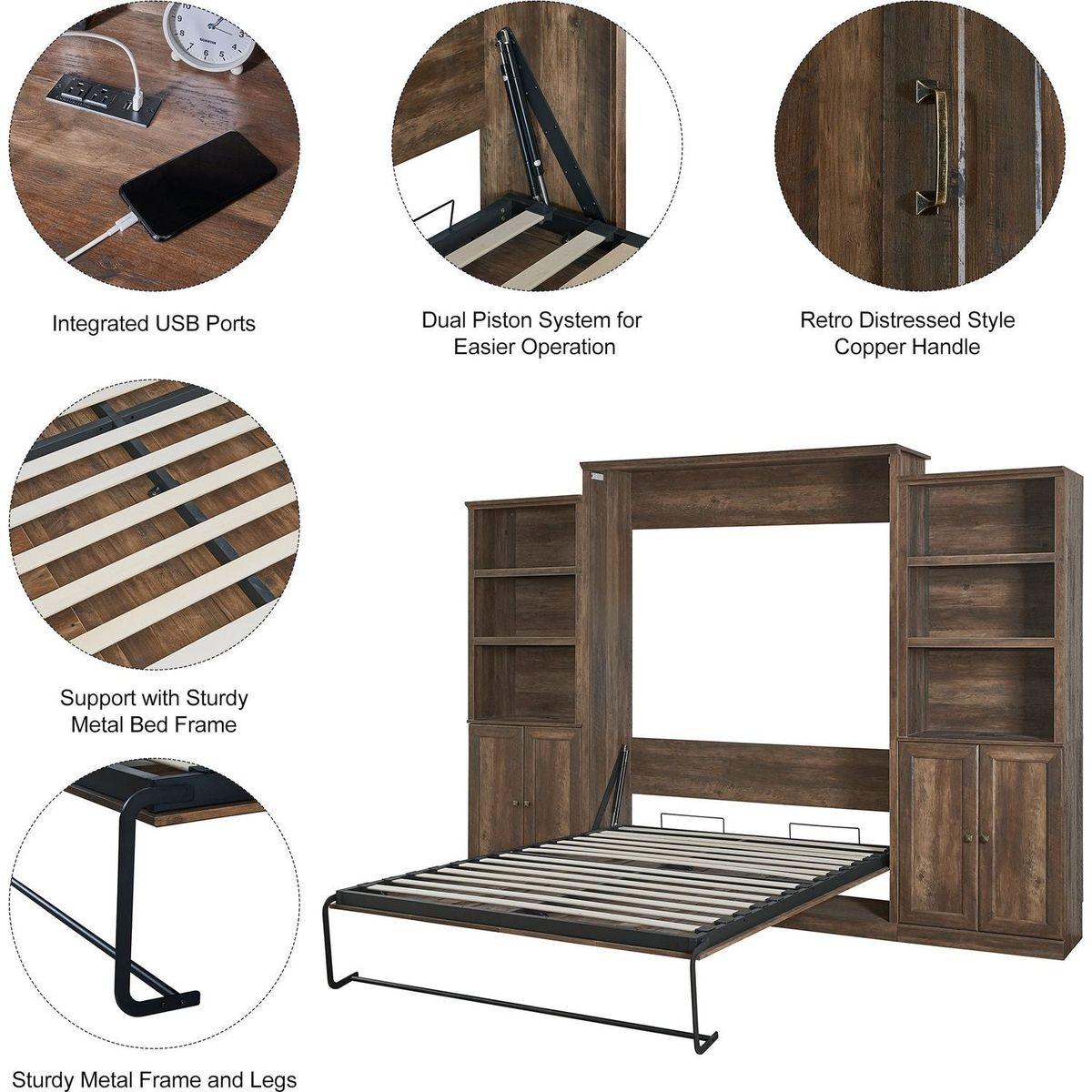 Queen Size Half Self-Close and Open Murphy Bed with 1 Side Cabinet Storage Shelf, Cabinet Space-Saving Bed Perfect for Guest Room, Bed Room, Guest Room, Home Office, Brown