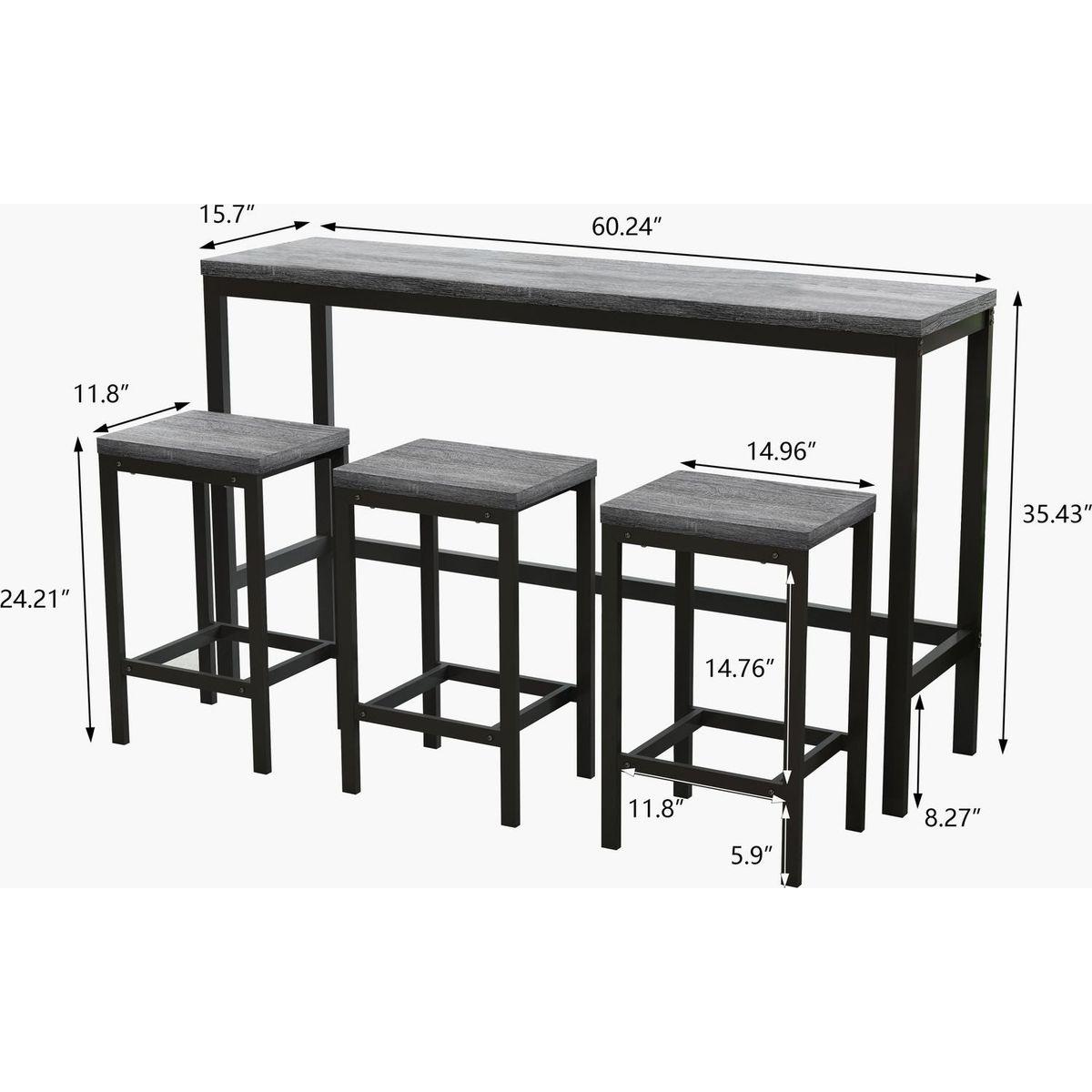 Modern Design Kitchen Dining Table, Pub Table, Long Dining Table Set with 3 Stools, Easy Assembly, Gray