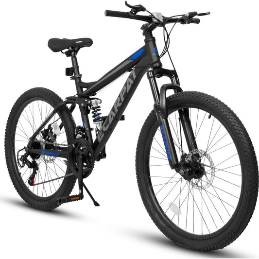 Mountain Bike 26 Inch Wheels, 21-Speed Full Suspension Mens Womens Trail Commuter City Mountain Bike, Carbon Steel Frame Disc Brakes Thumb Shifter Front Fork Rear Shock Absorber Bicycles