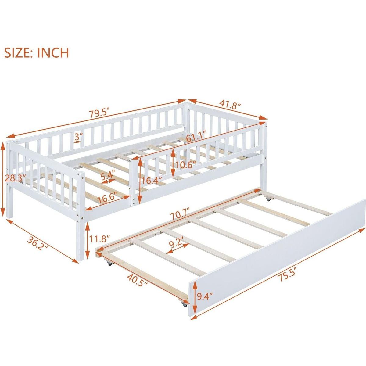 Twin Size Wood Daybed with Trundle and Fence Guardrails, White