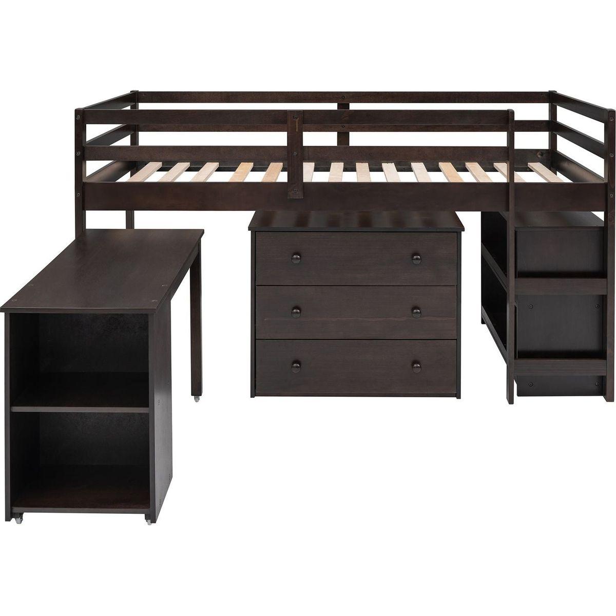Low Study Twin Loft Bed with Cabinet and Rolling Portable Desk - Espresso