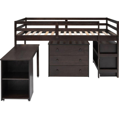 Low Study Twin Loft Bed with Cabinet and Rolling Portable Desk - Espresso