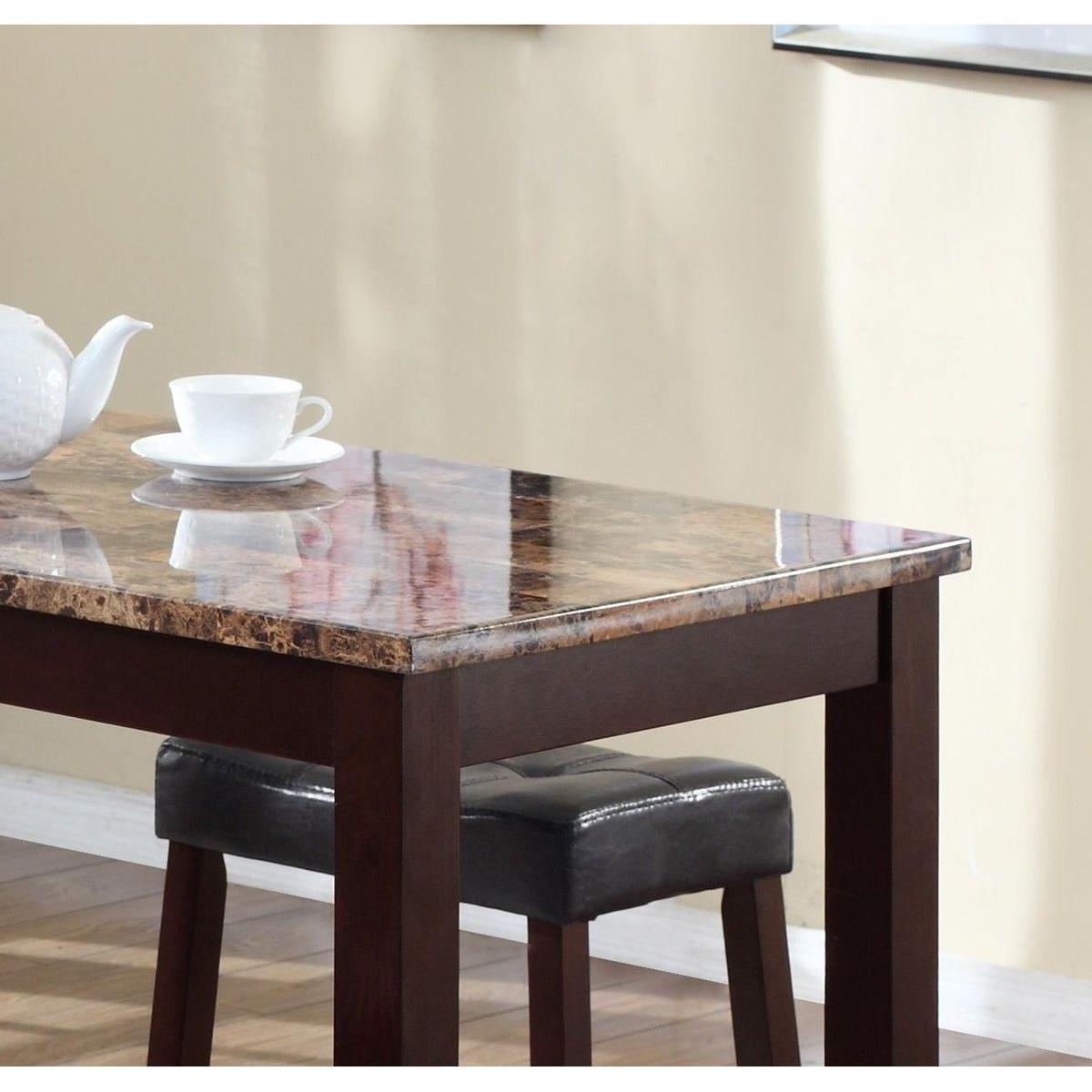 3-Piece Counter Height Glossy Print Marble Breakfast Table with Stools, Espresso