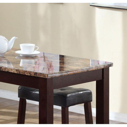 3-Piece Counter Height Glossy Print Marble Breakfast Table with Stools, Espresso