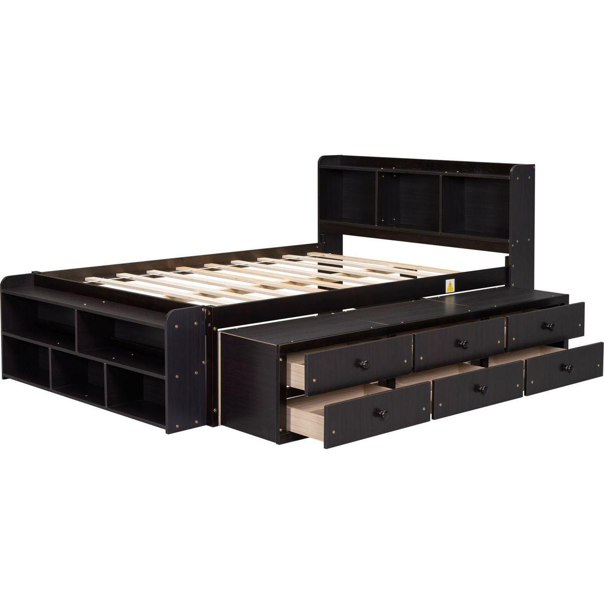 Full Bed with Bookcase Headboard, Under bed Storage Drawers and Bed End Storage Case,Espresso