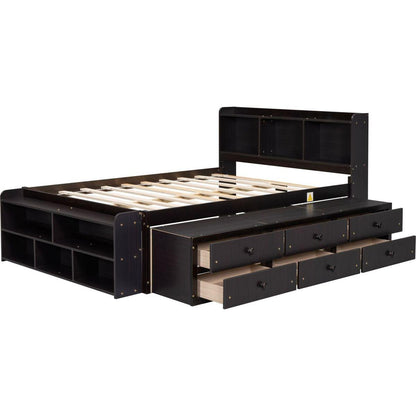Full Bed with Bookcase Headboard, Under bed Storage Drawers and Bed End Storage Case,Espresso