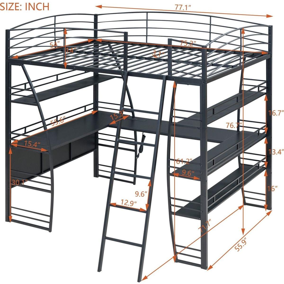 Full Size Loft Bed with 4 Layers of Shelves and L-shaped Desk, Stylish Metal Frame Bed with a set of Sockets, USB Ports and Wireless Charging, Black