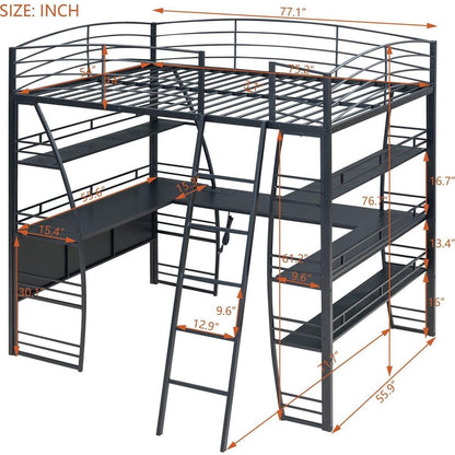 Full Size Loft Bed with 4 Layers of Shelves and L-shaped Desk, Stylish Metal Frame Bed with a set of Sockets, USB Ports and Wireless Charging, Black