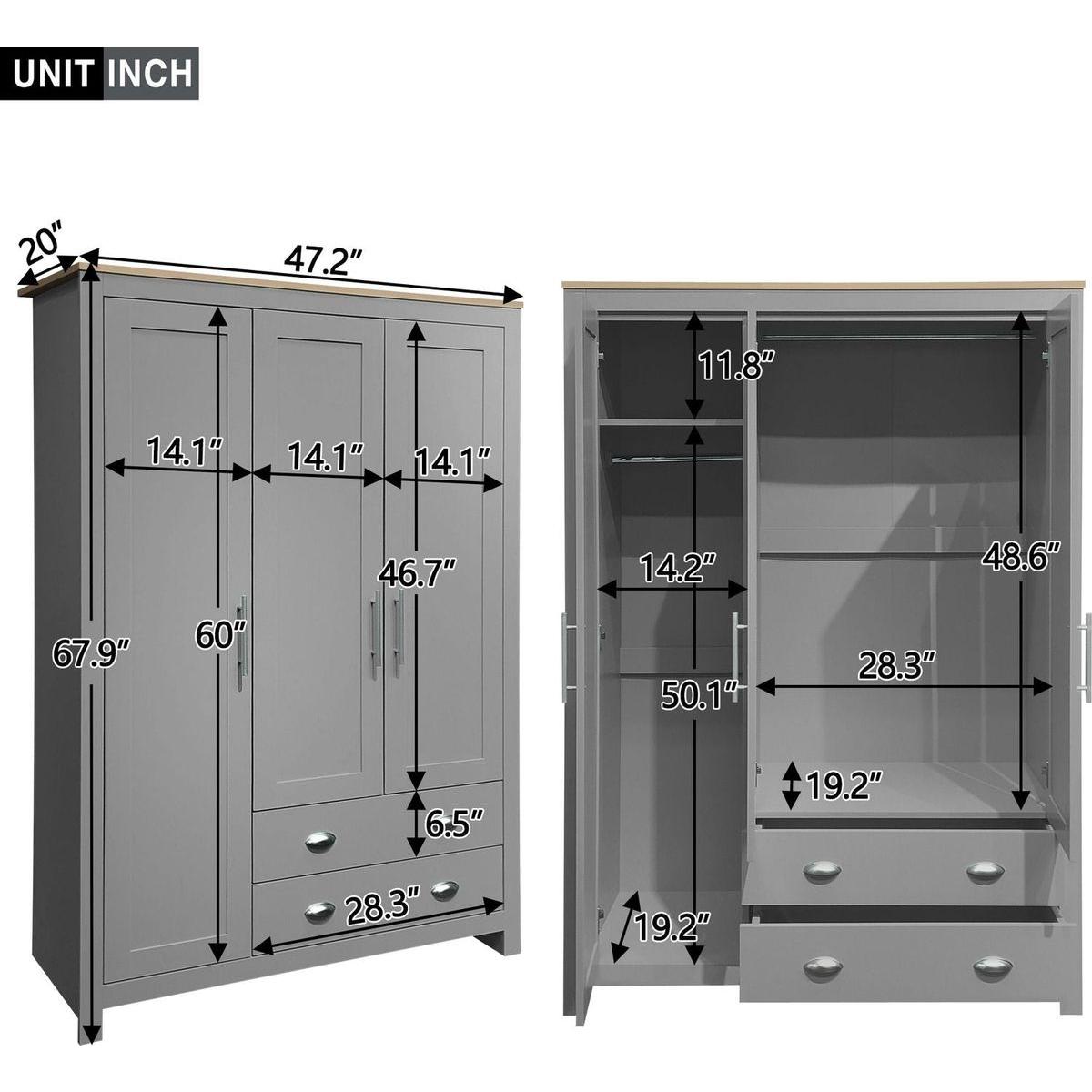 Three Door Storage Wardrobe with Cabinets and Two Hanging Rods,Gray