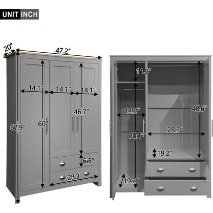 Three Door Storage Wardrobe with Cabinets and Two Hanging Rods,Gray