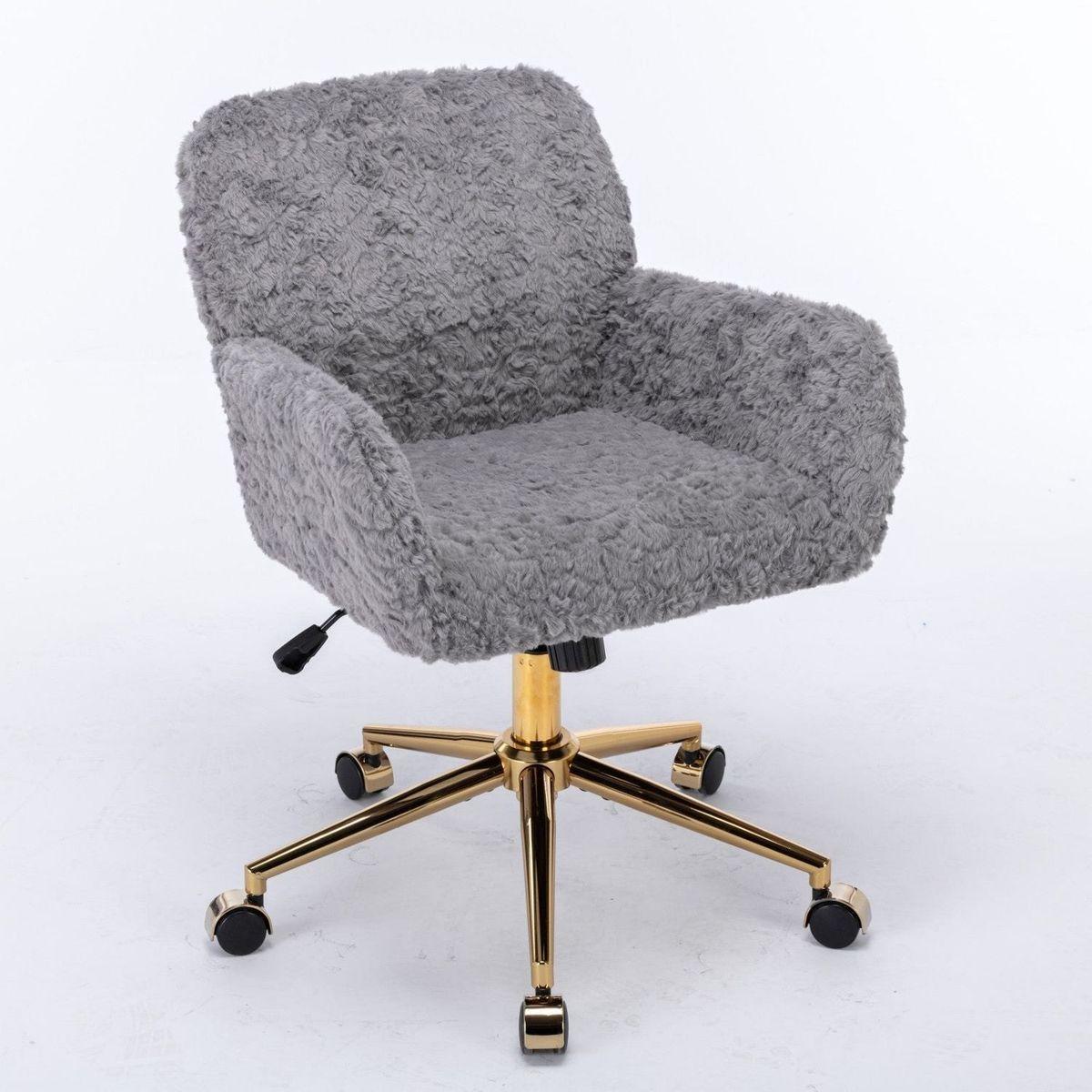 Office Chair,Artificial rabbit hair Home Office Chair with Golden Metal Base,Adjustable Desk Chair Swivel Office Chair,Vanity Chair(Gray)