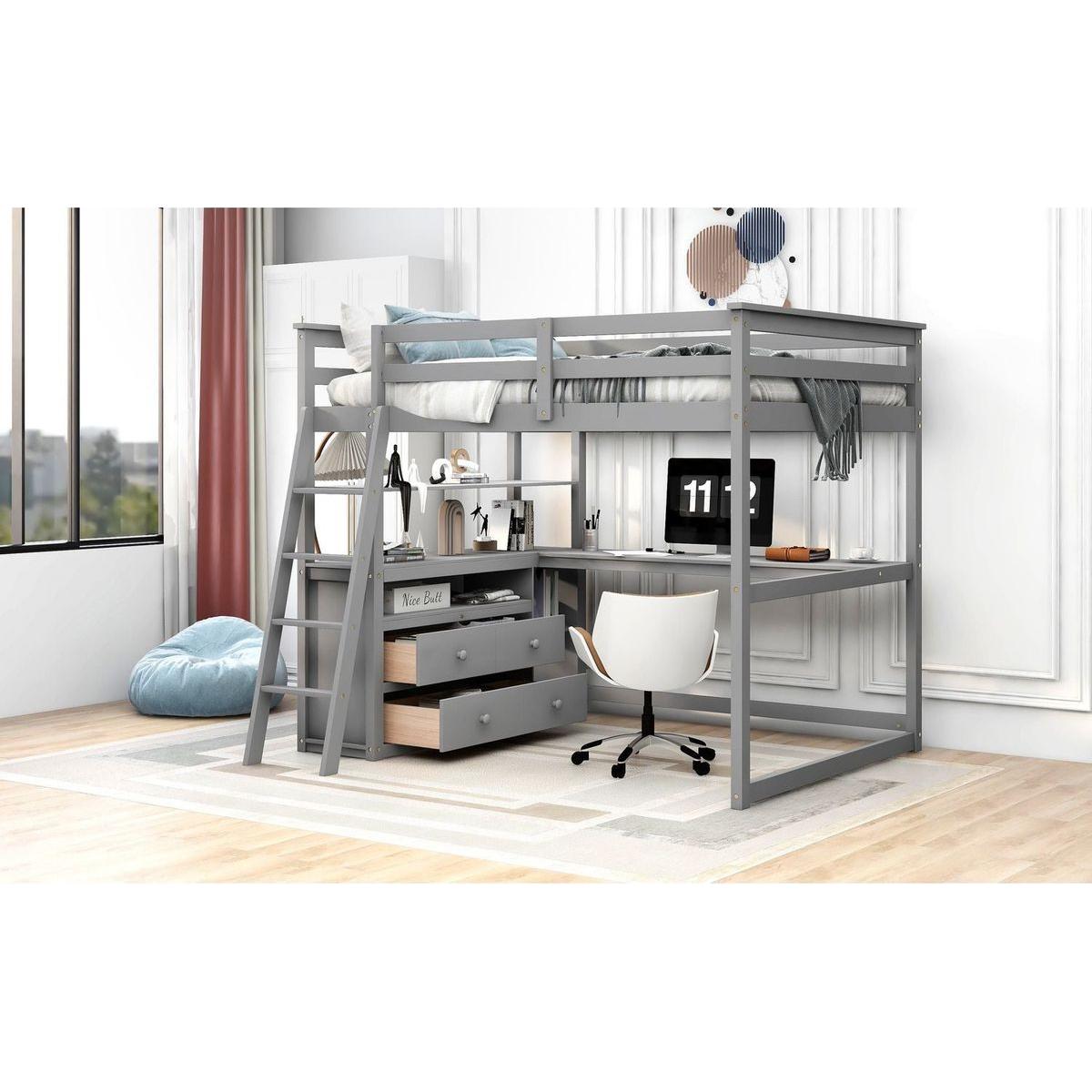 Full Size Loft Bed with Desk and Shelves,Two Built-in Drawers,Gray