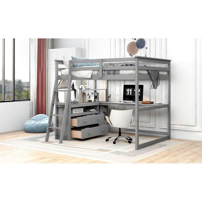 Full Size Loft Bed with Desk and Shelves,Two Built-in Drawers,Gray