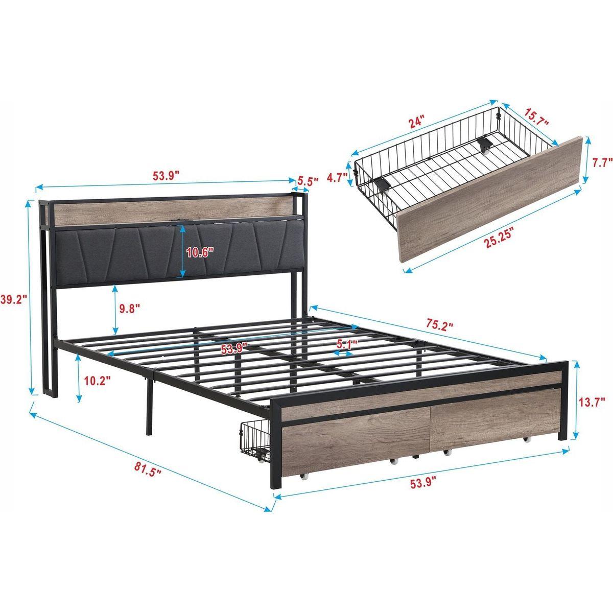 FULL Size Metal Platform Bed Frame with upholstery storage function Headboard and USB LINER and Footboard with drawers, No Box Spring Needed, Large Under Bed Storage, Easy Assemble